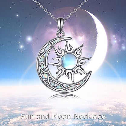 Sun and Moon Necklace for Women 925 Sterling Silver Celtic Crescent Moon Pendant Blue Opal/White Opal/Abelone Shell/Labradorite/Moonstone Jewelry Gift for Teen Girls - color: opal and moonstone