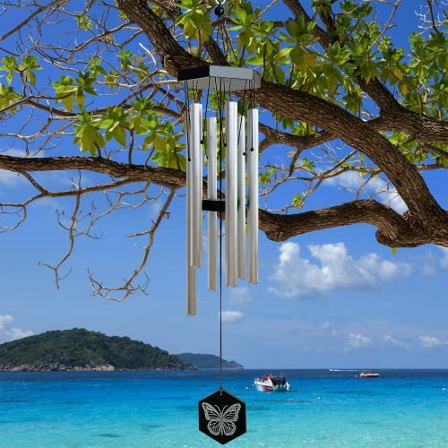 FONMY Wind Chimes Outdoor w/Butterfly Sign Memorial Windchimes Great Wind Chime Gifts Soothing Melodic Tones & Bamboo/Aluminum Chime for Garden Home or Yard-31 Length Silver Chimes Hanging Decor.