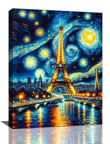 Eiffel Tower Wall Art Starry Night Paris Pictures Wall Decor Abstract Eiffel Tower Canvas Painting Print Home Modern Artwork Decorations Framed for Bathroom Living Room Bedroom Office 12 x 16 inch - color: Paris, size: 16"L x 12"W