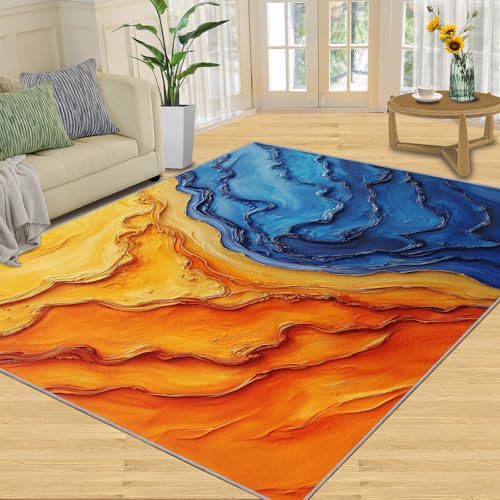Fluid Texture Rugs for Living Room - 4x4 Area Rug, Abstract Painting Rug, Blue Orange Washable Rugs for Bedroom, Non Slip & Low Pile, Soft Indoor Carpet & Home Decor - color: Abstract Painting, size: 4' x 4' (48" x 48")