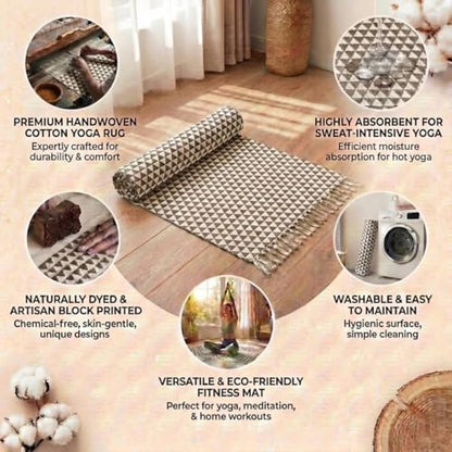 VINYASA Handwoven Cotton Yoga Rug Mat – Naturally Dyed | Absorbent, Washable Yoga Mat/Fitness Rug, Hatha, Pilates & Meditation - Non-Slip Grip | Extra Long & Wide | Trikon Series - color: Pomegranate