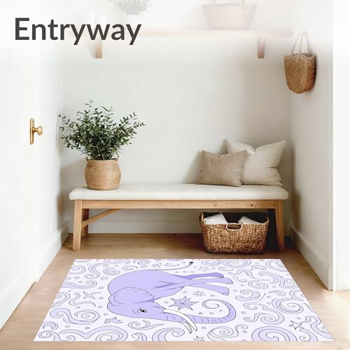 Flatwoven High Traffic Area Rug 4x6, Whimsical Elephant Dreamscape with Scattered Constellation Motifs, Non Slip, Stain Resistant, Washable Area Rugs for Living Room, Bedroom (Purple, 4x6) - color: Purple/Pattern 12, size: 4' x 6' (Rectangular)