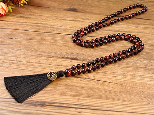COAI OM Charm Hand Knotted Tassel 108 Mala Beads Necklace - color: Red Tiger Eye, size: 8mm