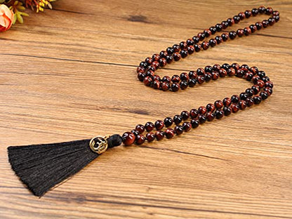 COAI OM Charm Hand Knotted Tassel 108 Mala Beads Necklace - color: Red Tiger Eye, size: 8mm