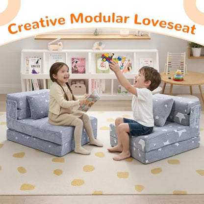 MeMoreCool Kids Tri-Fold Sofa Bed – Glow Star Floor Mattress & Foldable Futon Chair Convertible Toddler Couch | Soft Plush Lounge Mat | Playroom Furniture | Includes Pillow - color: Star