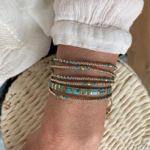 Tila Flat Beaded Stretch Bracelets for Women Stackable Gold Colorful Seed Beads Boho Bracelet Stack Adjustable Rope String Friendship Jewelry Trendy Holiday Gift - color: Green