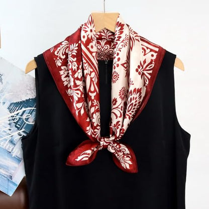 ANDANTINO 100% Mulberry Silk Square Scarf for Hair-25.6" X25.6'' Women Men Natural Silk Neckerchief Digital Printed Headscarf - color: Floral-dark Red