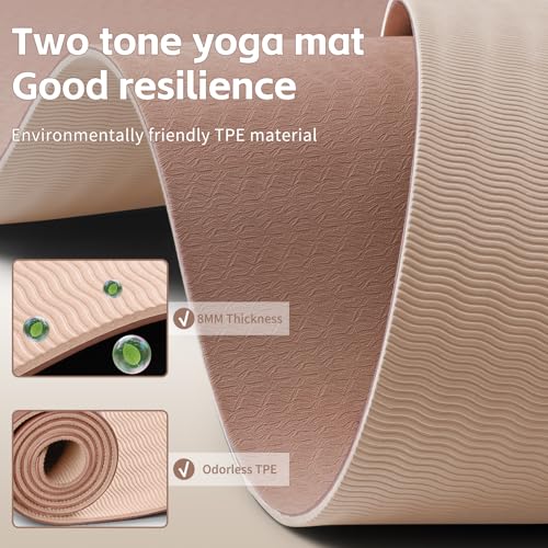PAIDU Yoga Mat 8mm Super Thick TPE Fitness Mat | SGS Certified | Non-Slip, Odorless & Tear-Resistant | Unisex with Strap | for Yoga, Pilates, Meditation & Home Workouts - color: Brown&Apricot