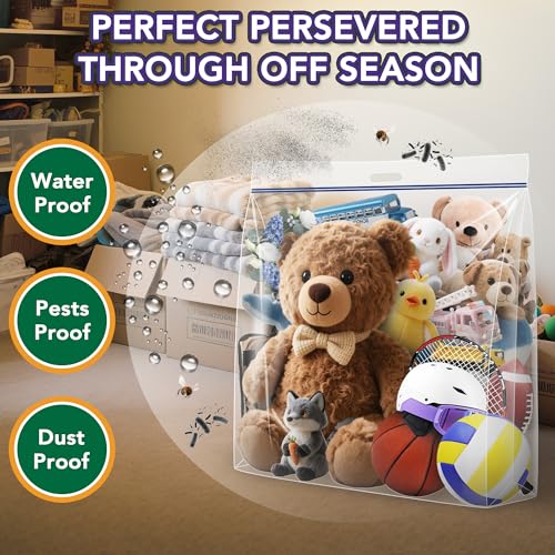 Extra Large Clear Wreath Storage Plastic Bag with Handle For Halloween Summer Christmas Decoration or Clothing Blanket Comforters Bed Sheets Pillows, 4 Pack, 34"x34"x7"