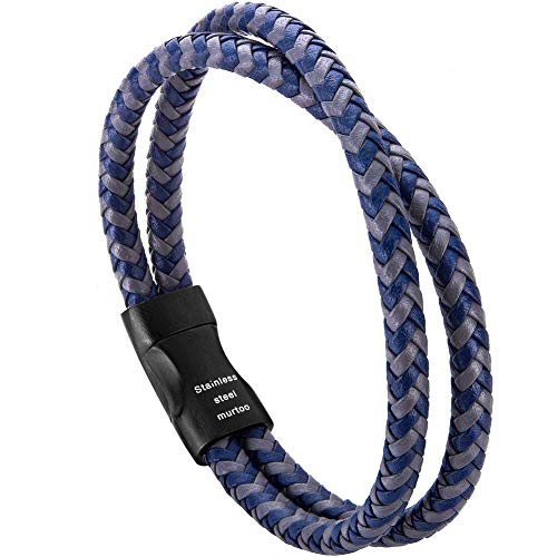 murtoo Mens Bracelet Leather Braided, Brown and Black Leather Bracelet for Men - color: Blue-grey, size: 8.46"