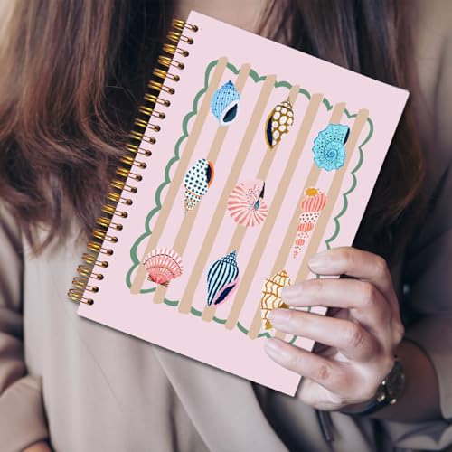JINYO Beige Striped Beach Notebook, Pink Ocean Seashell Conch Journal, Coastal Beachy Nautical Journal, Beach Supplies for Women, Cute Ocean Spiral Notebooks 5.5x8.3 Inch(pink) - color: white Pink Seashell Notebook
