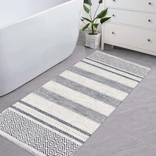 Farmhouse Rug Runner 2x6 feet Grey & Navy | Recycled Cotton Hand Woven Rug, Long Boho Rug | Perfect for Hallways, Kitchens, Bathroom, bedrooms, Meditation Yoga Mat - color: Grey-navy Blue, size: 5' x 6' (Runner)