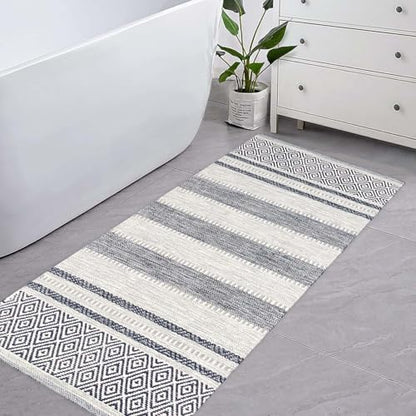 Farmhouse Rug Runner 2x6 feet Grey & Navy | Recycled Cotton Hand Woven Rug, Long Boho Rug | Perfect for Hallways, Kitchens, Bathroom, bedrooms, Meditation Yoga Mat - color: Grey-navy Blue, size: 5' x 6' (Runner)