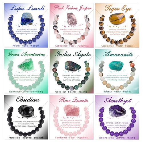 DELUU 9PCS 8mm Natural Stone Beaded Bracelets Stretch Gemstone Bracelets for Women Men Semi-Precious Jewelry Set
