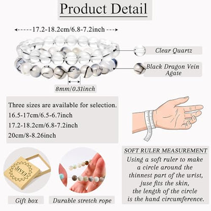 Bivei Natural Gemstone Semi Precious Healing Crystals Handmade Stretchy Round Beads Bracelet,Stocking Stuffers for Women Enhance Positive Energy - color: 8mm Clear Quartz & Dragon Vein Agate (Master Healer), size: Medium: 6.8-7.24 inch