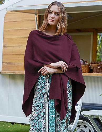 PULI Womens Large Cross Front Poncho Sweater Wrap Topper Knitted Elegant Shawls Cape for Fall Winter - color: 2-burgundy With Button