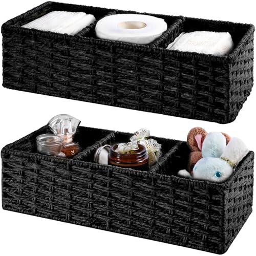 Vagusicc 3 Section Wicker Storage Basket, Hand-Woven Paper Rope Wicker Baskets for Organizing, Toilet Tank Basket, Black Baskets for Bathroom, 2-Pack, Black - color: Paper Rope (Black), size: 3 Regular Section