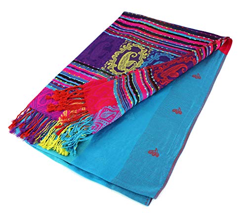 PASKMLNA Double Side Multi Colors Silky Tropical Colorful Exotic Pashmina Wrap Shawl Scarf Rave - color: #7turquoise Blue