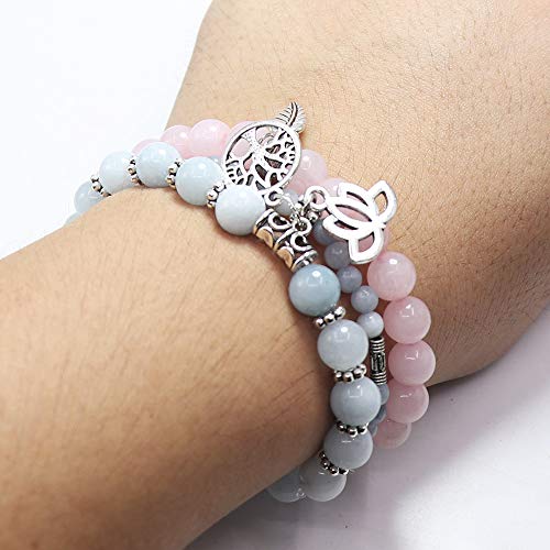 Tree of Life Yoga Healing Stone Bracelets,Multilayer Lotus Chakra Stone Reiki Bracelet Sets,Anxiety Crystal Natural Stone,for Women Stress Relief - style: Aquamarine + pink crystal