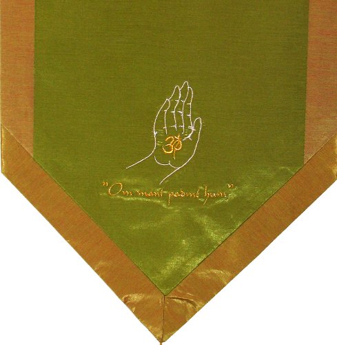 Altar Cloth Or Wall Hangings - Embroidered - Om Blessing Buddha's Hand - Green/Gold - color: Om Blessing