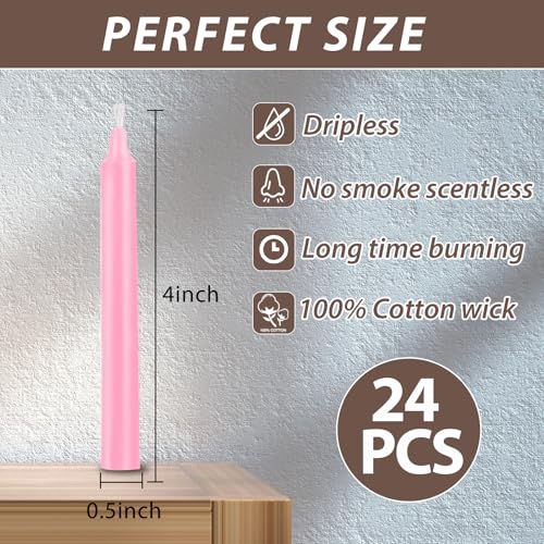 24 Pack Pink Spell Chime Candles – Premium Mini Unscented Taper Candles for Rituals, Prayer, Meditation, Altar, Spells – 4" Tall – Ideal for Witches & Spiritual Practices - color: Pink