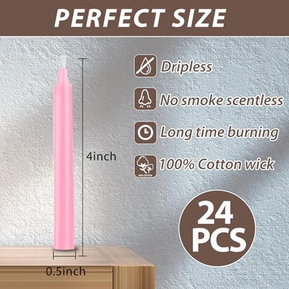 24 Pack Pink Spell Chime Candles – Premium Mini Unscented Taper Candles for Rituals, Prayer, Meditation, Altar, Spells – 4" Tall – Ideal for Witches & Spiritual Practices - color: Pink