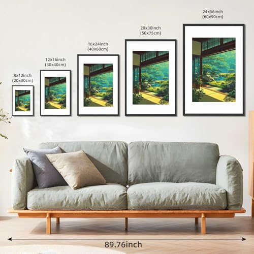 Framed Japanese Zen Garden View Poster Canvas Print Art Minimalist Aesthetic Painting Wall Art Pictures Wall Decor, Elegant Home Decor for Living Room Bedroom Office Decoration Art Print (black frame,12"LX16"W)