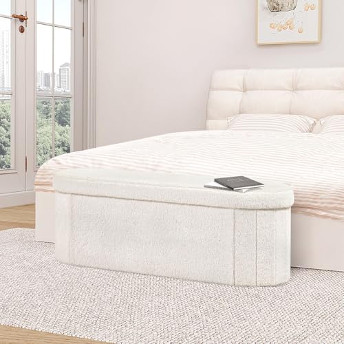 B FSOBEIIALEO Ottoman with Storage for Living Room, Sherpa Folding Storage Ottoman Foot Rest, 43.3 Inches Collapsible Bedroom Bench White Cream
