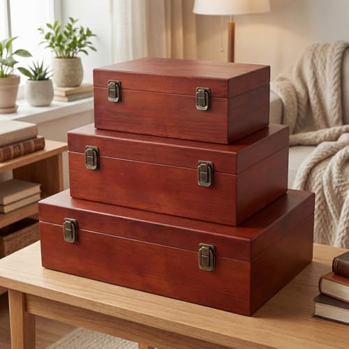 Sliner 3 Pcs Wooden Decorative Storage Boxes with Lids Vintage Wood Organizer Bins for Your Bookshelf Home Decor Safely Store Photos Documents Memory Jewelry Craft Storage (Light Brown,S M L Size) - color: Light Brown