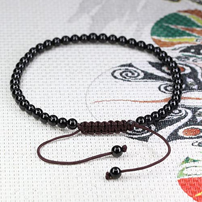 Keleny Natural Gemtones 4mm Round Beads Crystal Adjustable Braided Macrame Tassels Bracelets Unisex - color: Black Tourmaline