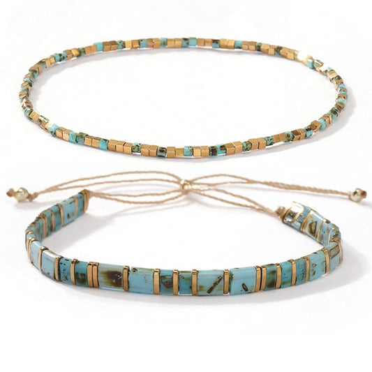 Tila Flat Beaded Stretch Bracelets for Women Stackable Gold Colorful Seed Beads Boho Bracelet Stack Adjustable Rope String Friendship Jewelry Trendy Holiday Gift - color: gold and turquoise
