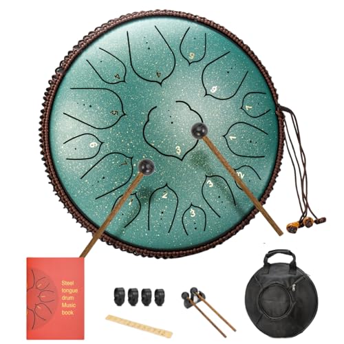 Steel Tongue Drum 14 Inches 15 Notes Hand Pan Drum Rain Drum Percussion for Meditation Yoga Musical Education (Lotus Green)