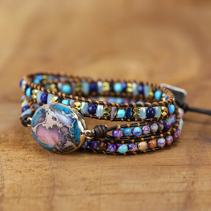 Handmade Boho Wrap Bracelets Natural Turquoise Crystal Stone Variety Beaded Strand Bracelet - color: Purple
