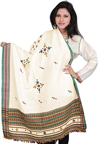 Exotic India Shawl from Kutch with Embroidered Bootis and Mirrors - Wool - color: Papyrus