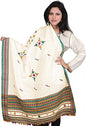 Exotic India Shawl from Kutch with Embroidered Bootis and Mirrors - Wool - color: Papyrus