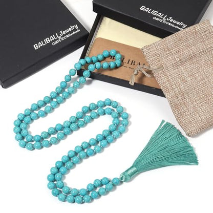 8MM Beads Chakra Long Mala Necklace Natural Stone Meditation Statement Necklace Japa Yoga Buddhist Rosary Prayer Charm Beaded Tassel Necklace - color: Turquoise