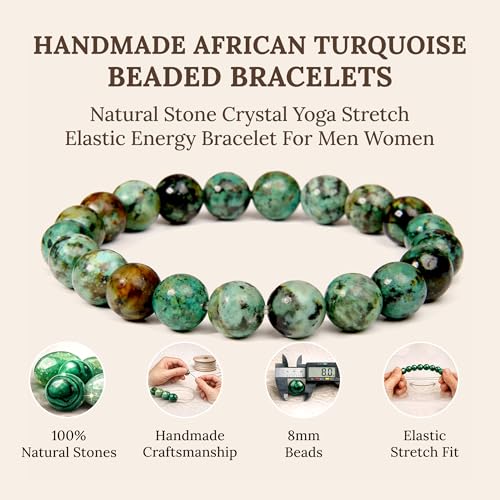 Elm City Direct 8mm Natural Stone Beaded Bracelet – Unisex Crystal Stretch Bracelets for Men & Women, Chakra & Healing Jewelry, Gift-Ready Beaded Bracelets - color: African Turquoise