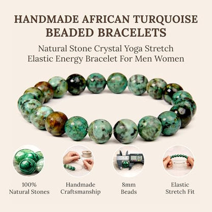 Elm City Direct 8mm Natural Stone Beaded Bracelet – Unisex Crystal Stretch Bracelets for Men & Women, Chakra & Healing Jewelry, Gift-Ready Beaded Bracelets - color: African Turquoise