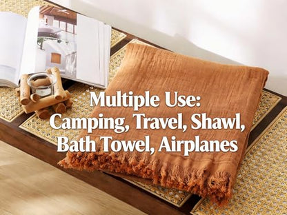 100% Cotton Muslin Throw Blanket for Bed, Couch, Travel, Luxuriously Soft, Pre-Washed, Breathable and Lightweight Gauze Blanket with Tassels, Suitable for All Seasons, Rust, 50"x60" - color: Rust