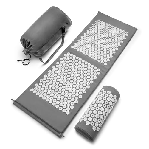 Sivan Health and Fitness Acupressure Mat and Pillow Set - Grounding Mat for Stress, Back & Neck Pain - Acupuncture Point Massage Mat for Muscle Relaxation, Sciatica, & Meditation - Includes Carry Bag - color: Gray/White, size: XL