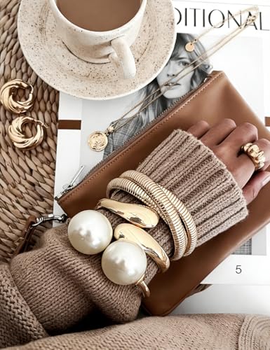 Chunky Gold Bangle Bracelets for Women, Dainty 14k Gold Plated Big Stackable Bangles Set, Trendy Statement Cuff Bracelet Stack Fashion Jewelry Gifts - style: Big pearl bangles