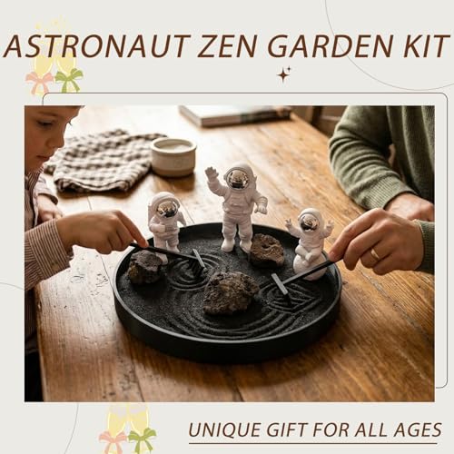 Astronaut Zen Garden Kit, Desktop Zen Garden for Stress Relief, Mini Sandbox with Rake and Decorative Stones for Office & Home Desk Decorations