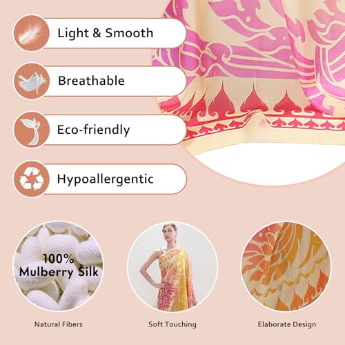 100% Mulberry Extra Large Silk Pashmina Scarf Shawls And Wraps For Women Evening Dress Summer Travel Floral Blanket - color: 66 Yellow&pink