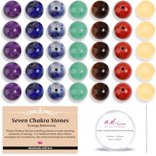 AD Beads 100pcs 10mm Natural 7 Chakra Beads Round Beads, Healing Energy Gemstone DIY Jewelry Kit with Elastic Cord and Needle - color: 7 Chakra Beads, size: 10mm-100pcs