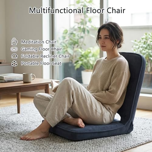 Floor Chair with Adjustable Back Support, Foldable Padded Gaming Floor Seat for Adults & Kids, Multi-Position Meditation Chair with Corduroy Cover for Reading, Gaming & Watching TV (Grey)