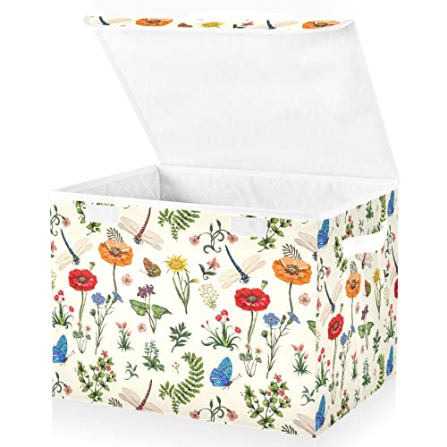 senya Large Storage Bins with Linen Summer Dragonflies Butterflies Poppies Flowers Collapsible Foldable Storage Cubes Fabric Closet Organizer Containers Box with Flip-Top Lid for Home Bedroom Office - color: Linen-summer Dragonflies Butterflies Poppies