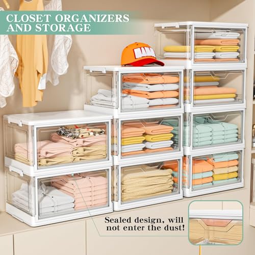 Kmiectse Clear Storage Bins with Lids - 4 Tier Plastic Bins with Wheels, Stackable Storage Bin, Closet Organizers Box for Bedroom, Living Room, 23 QT Folding Box with Magnetic door - size: 23QT-4Pack&1Lid