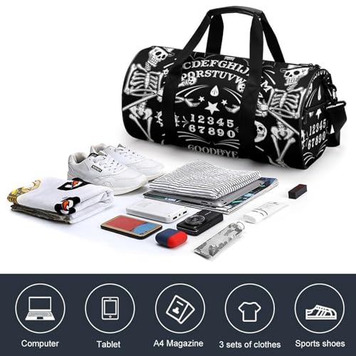 Skull Skeleton Witch Board Tarot Black Art Cylindrical Portable Fitness Bag, Large Capacity Handbag - color: skull Skeleton witch Board Tarot black art