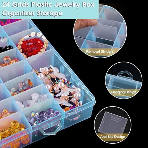 AKOAK 1 Pack 24 Grid Plastic Storage Case, Transparent Jewelry Display Organizer, Detachable Divider -7.5"x 5.1"x 1.4" for Beads, Jewelry, Earrings, Rings (Blue) - color: Blue