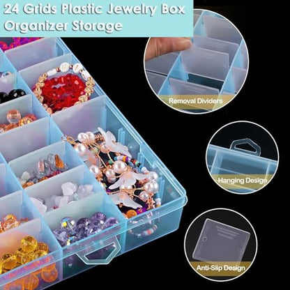 AKOAK 1 Pack 24 Grid Plastic Storage Case, Transparent Jewelry Display Organizer, Detachable Divider -7.5"x 5.1"x 1.4" for Beads, Jewelry, Earrings, Rings (Blue) - color: Blue